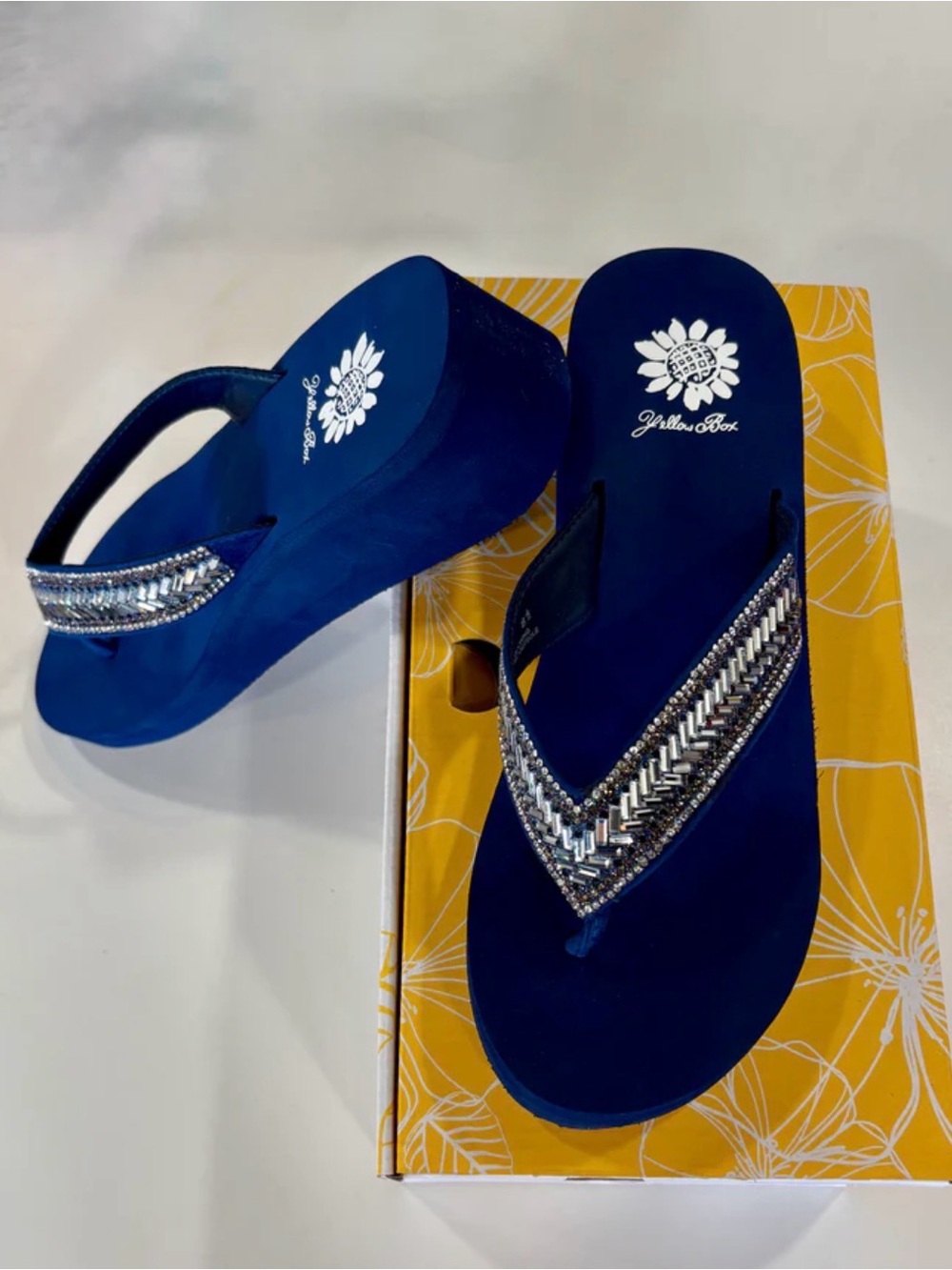 Yellow Box Skyllah Navy Blue Beaded Wedge Sandals Size 9 WORN ONCE